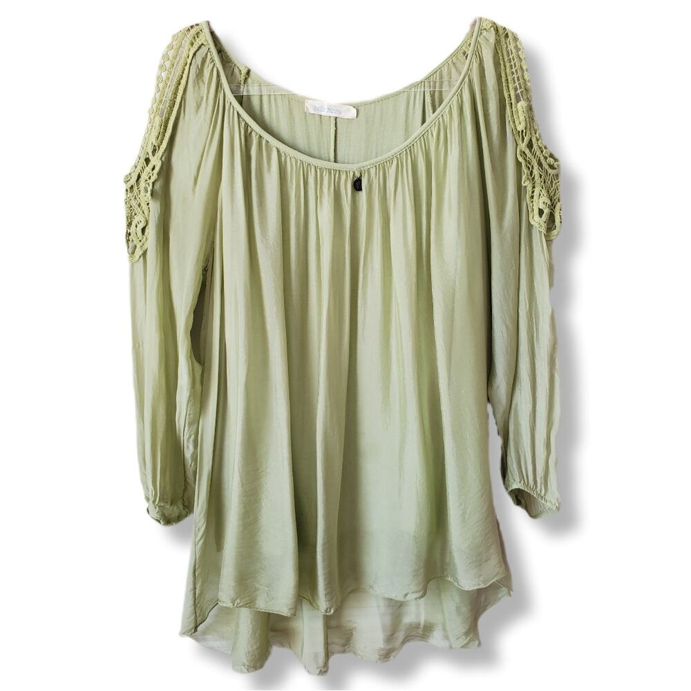 Women Belle France Green Silk Flowy Blouse Top L Boho Artsy Lagenlook Italy